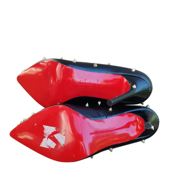 Black Leather Studded Pointed-Toe High Heels - Designer Style - Picture 5 of 6